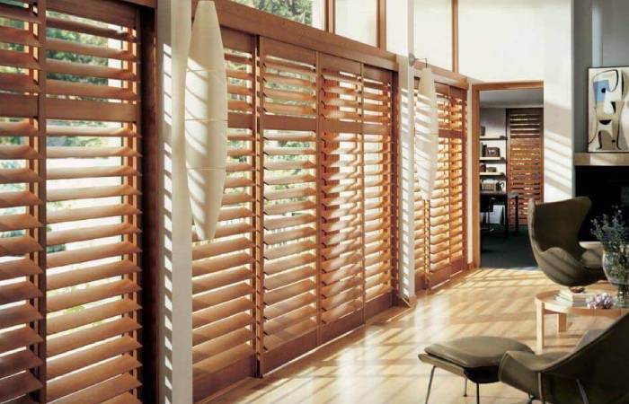 living room with wooden blinds